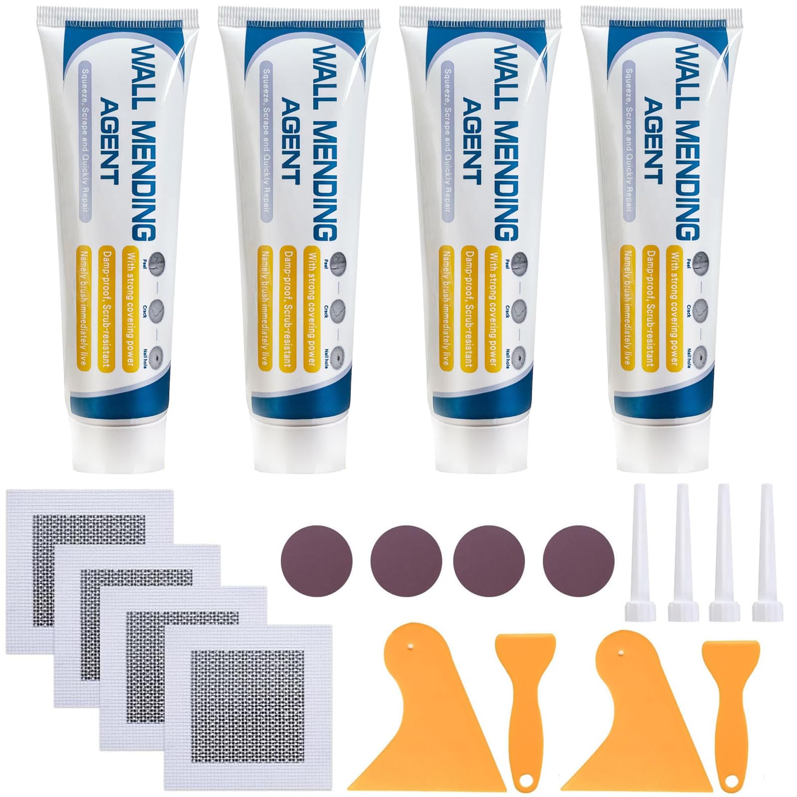 Deuvuo 4 Pack Wall Repair Kit with 2" Drywall Patch, Spackle Polyfiller, Sandpaper, Scraper for Holes, Cracks, Graffiti, Ceiling - Ready Mixed Plaster Filler Kit (White)