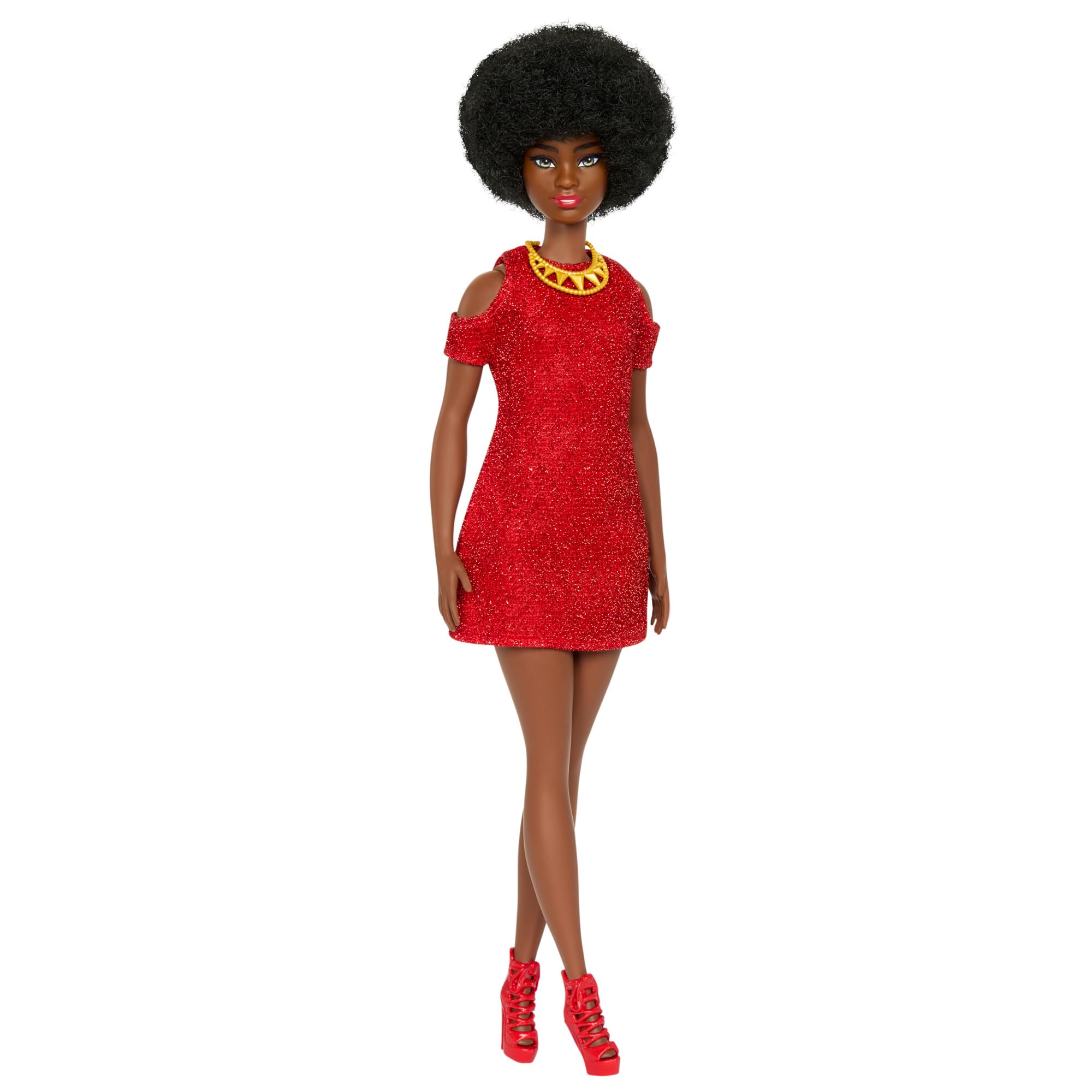 Barbie Fashionistas Doll #221 with Natural Black Hair Wearing Removable Red Dress & Accessories, 65th Anniversary Collectible Toy, HRH18