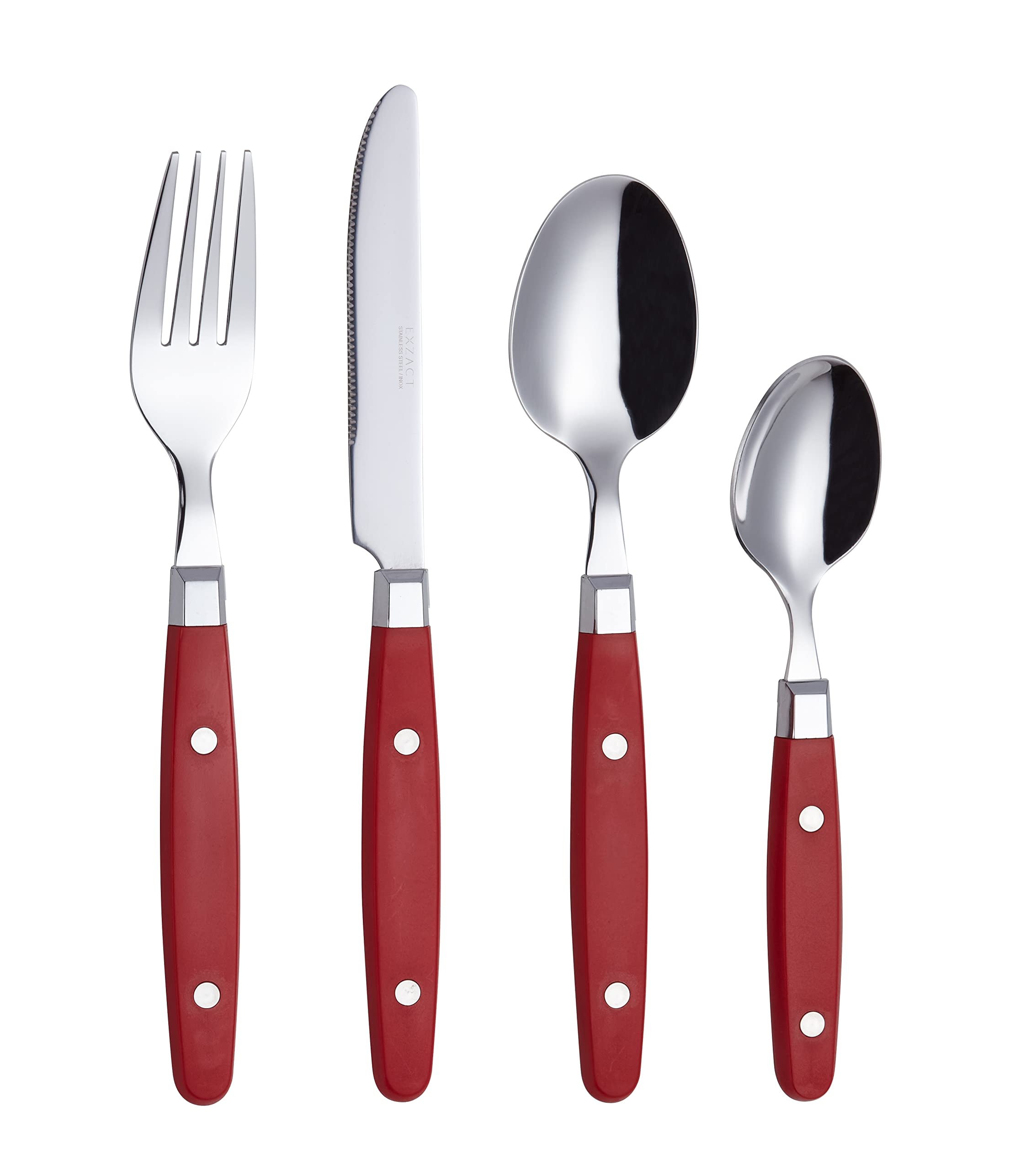 EXZACT Cutlery Set 24pcs Stainless Steel - with Rivet Craft Handles/Retro Style Flatware - 6 x Dinner Forks, 6 x DinnerKnives, 6 x Table Spoons, 6 x Tea Spoons -Serves 6 (Red)