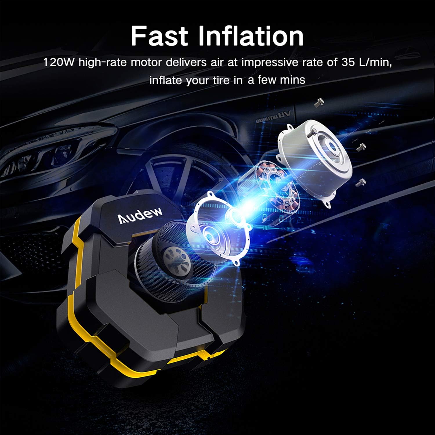 Audew Portable Air Compressor Tire Inflator with Gauge, Auto Digital Air Pump for Car Tires with Extra LED Light, DC 12V 150 PSI Tire Pump for Car,Bicycle,Motorcycle,Basketball,Pool Toys: Automotive