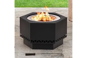 Sunjoy Fire Pit Smokeless 26 in. Hexagonal Outdoor Fire Pit, Patio Wood Burning Smokeless Firepit w/PVC Cover and Fire Poker, Ideal for Camping, Bonfire, and Backyard, Black