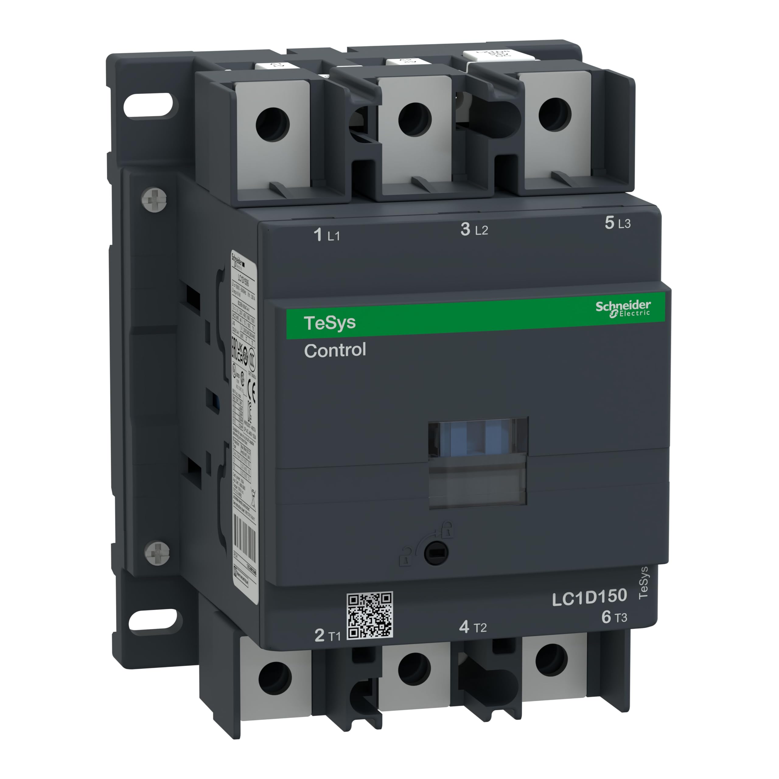 Schneider Electric TeSys Deca Contactor, 3P(3NO), AC-3/AC-3e, =440V, 150A, 24V DC standard coil, lugs/bars terminals,LC1D1506BD