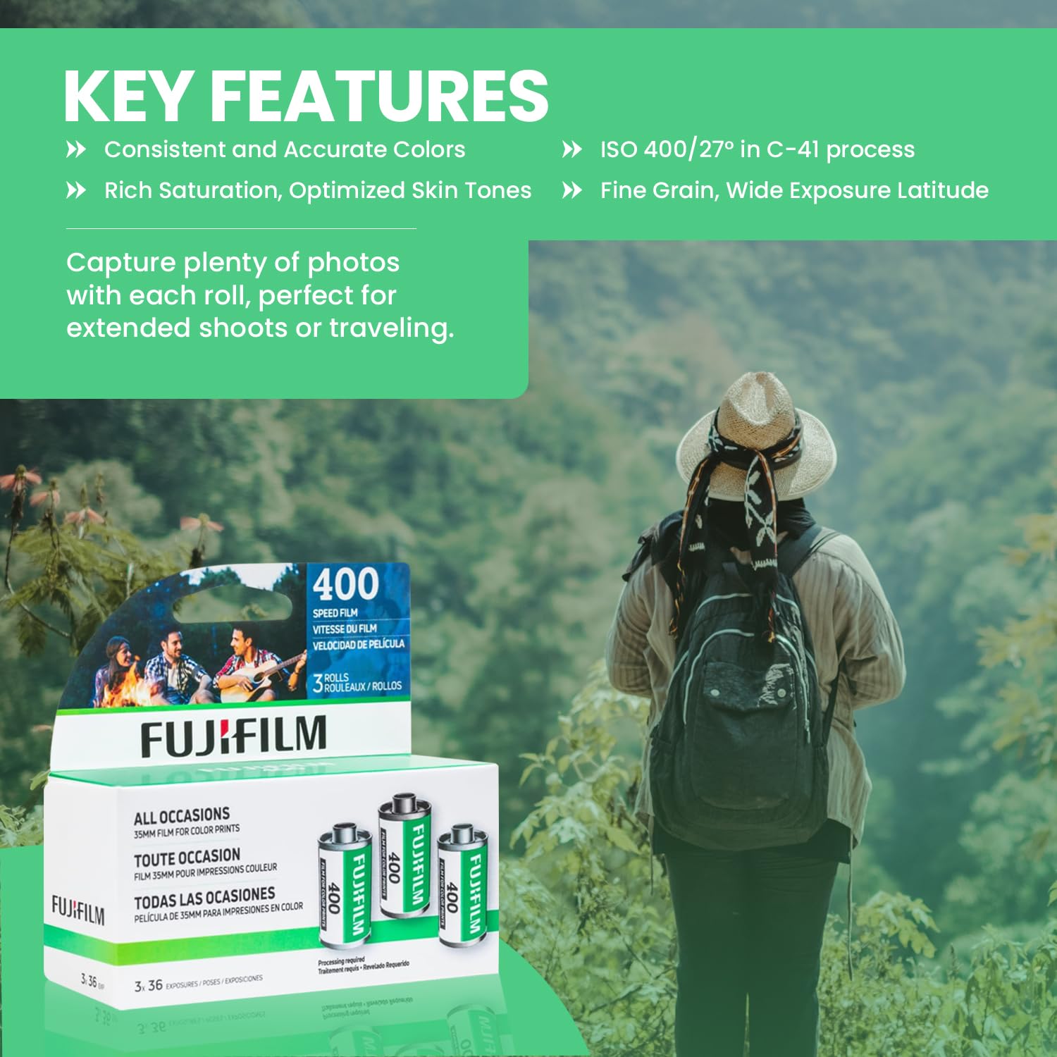 FUJIFILM 400 Color Negative Film (35mm Roll Film, 36 Exposures, 3-Rolls) + BluebirdSales Microfiber Cleaning Cloth