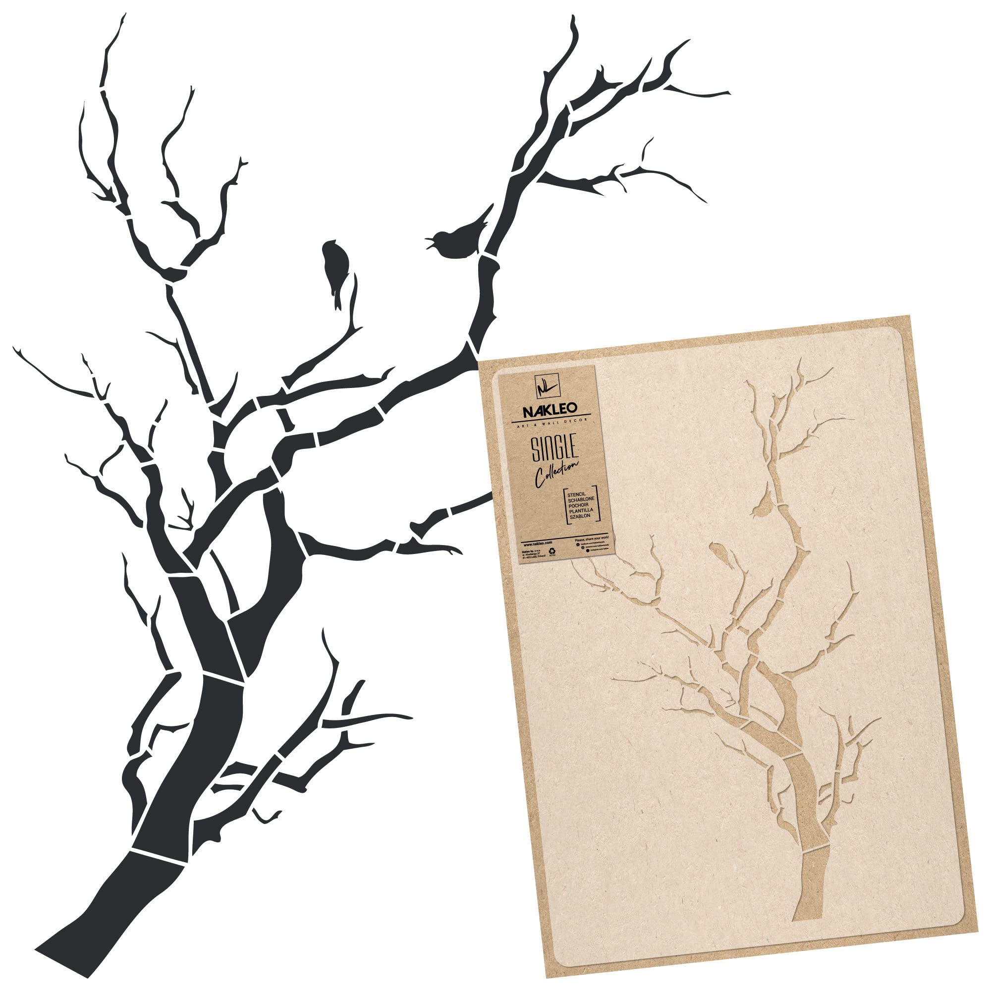 NAKLEO Large Wall Painting Stencil 43x64 cm, Floral Tree Branch Bird Pattern, Reusable Plastic Template, DIY Art and Craft Home Decor, Floor Wood Fabric Furniture