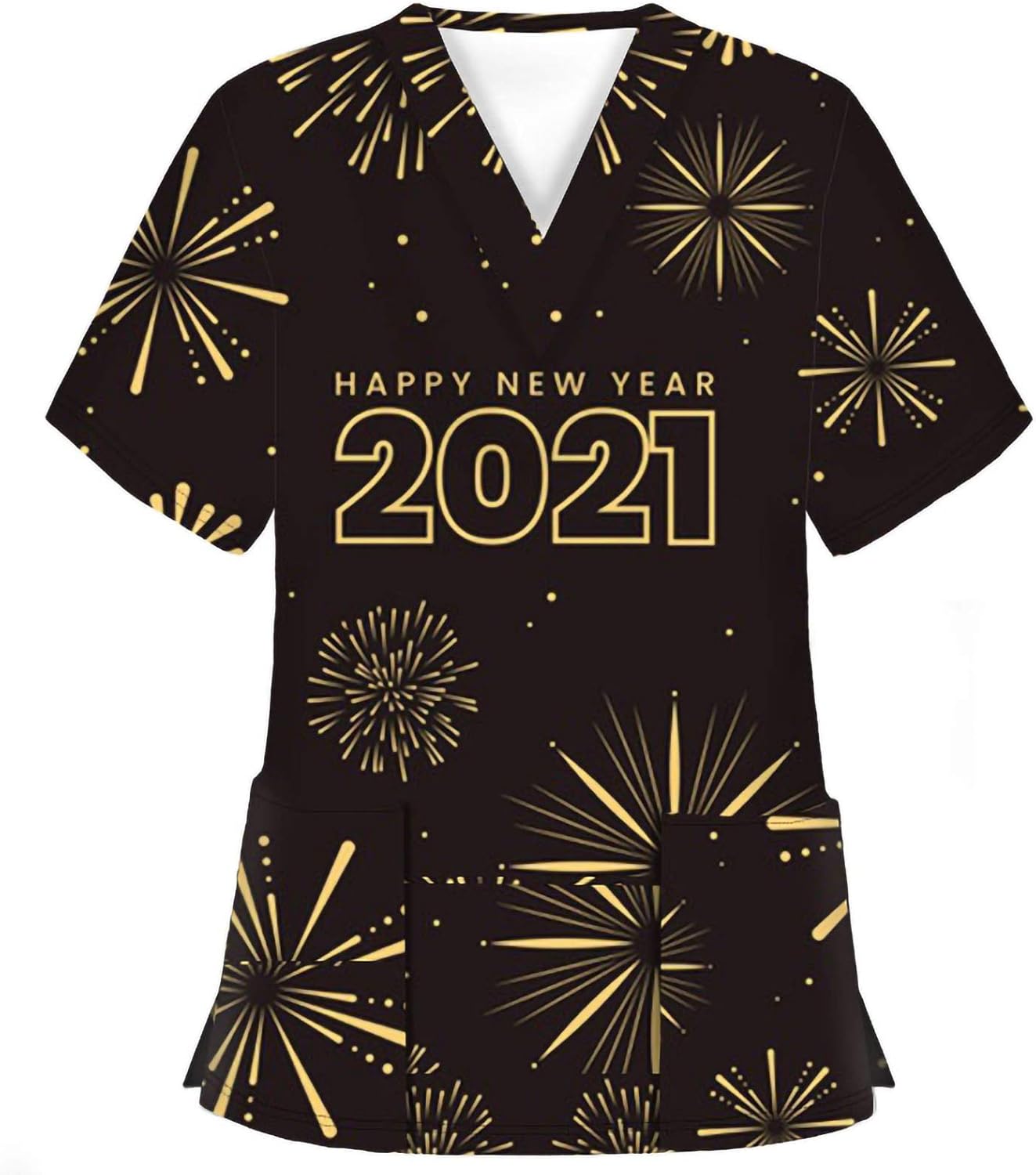Whyeasy Women's Tunic VNeck Nurse_Scrub_Tops Workwear Happy New Year
