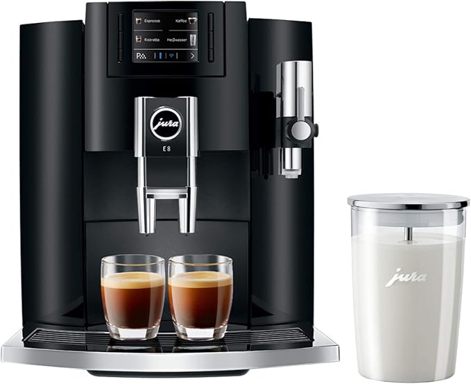 Amazon Com Jura E8 Maquina De Cafe Automatica 15270 Piano Negro Paquete Con Recipiente De Leche De Vidrio 2 Articulos Kitchen Dining