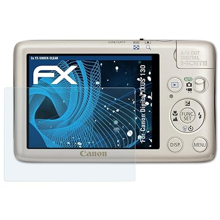 atFoliX Schutzfolie kompatibel mit Canon Digital IXUS 130 Panzerfolie, ultraklare und stoßdämpfende FX Folie (3X)