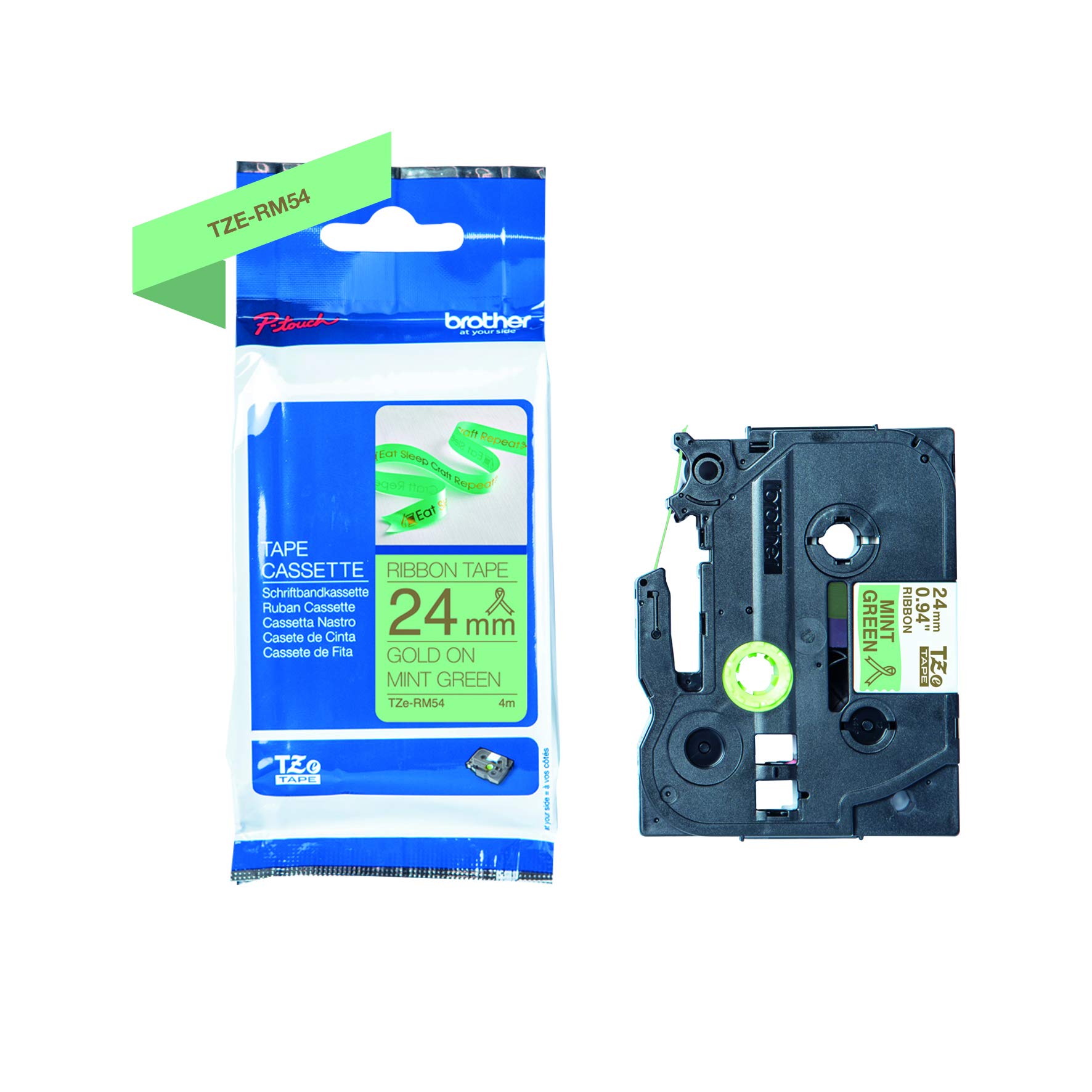 Brother TZe-RM54 Labelling Tape Cassette, Gold on Mint Green, 24 mm (W) x 4M (L), Ribbon Tape, Brother Genuine Supplies