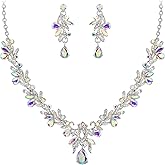 BriLove Women's Wedding Jewelery Set Leaf Flower Crystal Teardrop Marquise Cluster Pendant Necklace Dangle Earrings for Bridal Party
