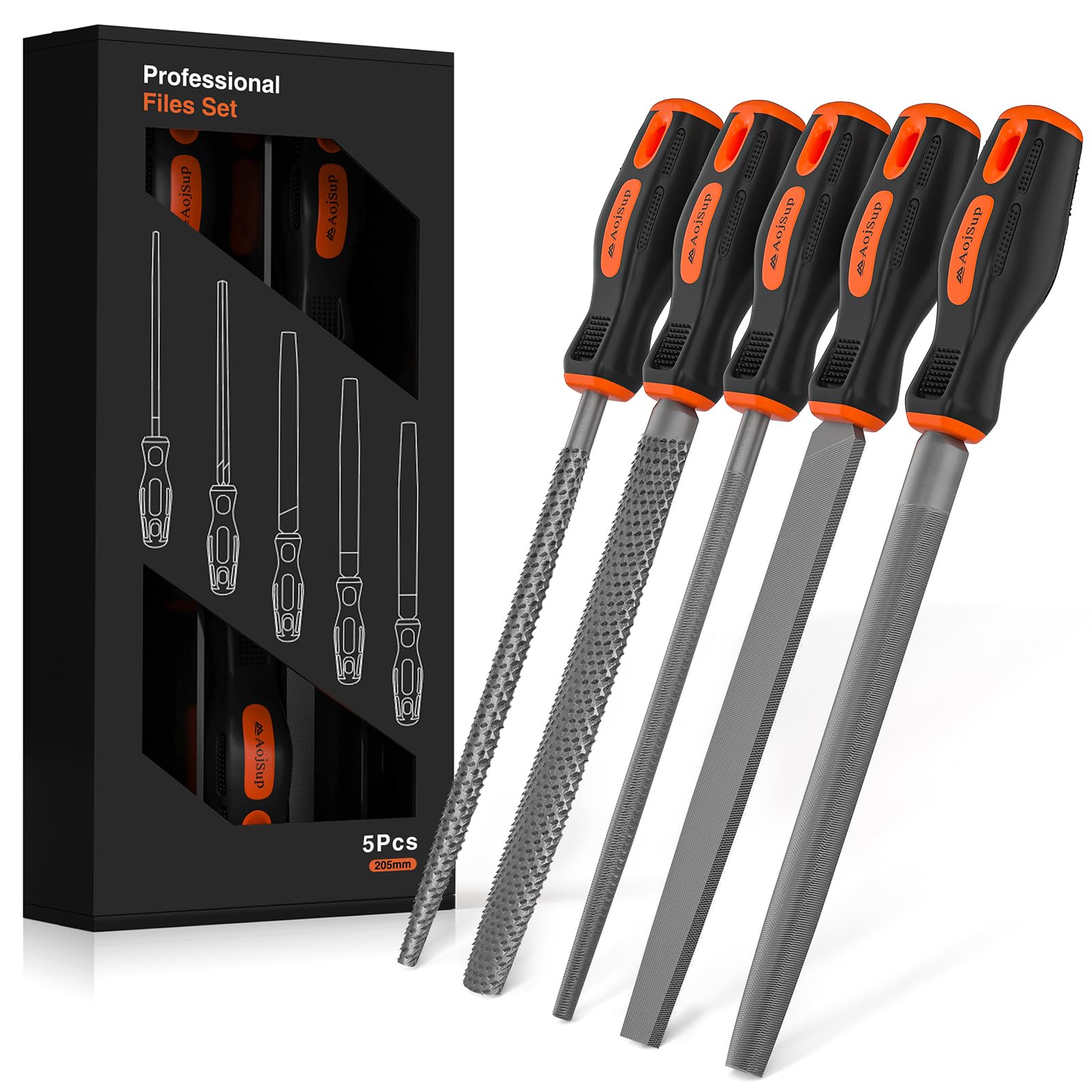 AojSup Metal File Set, File Set Metal and Wood 5Pcs, Professional Metal Files Include Half-Round Rasp, Flat File, Half-Round File, Round File, Triangular File, Suitable for Metalworking&Woodworking