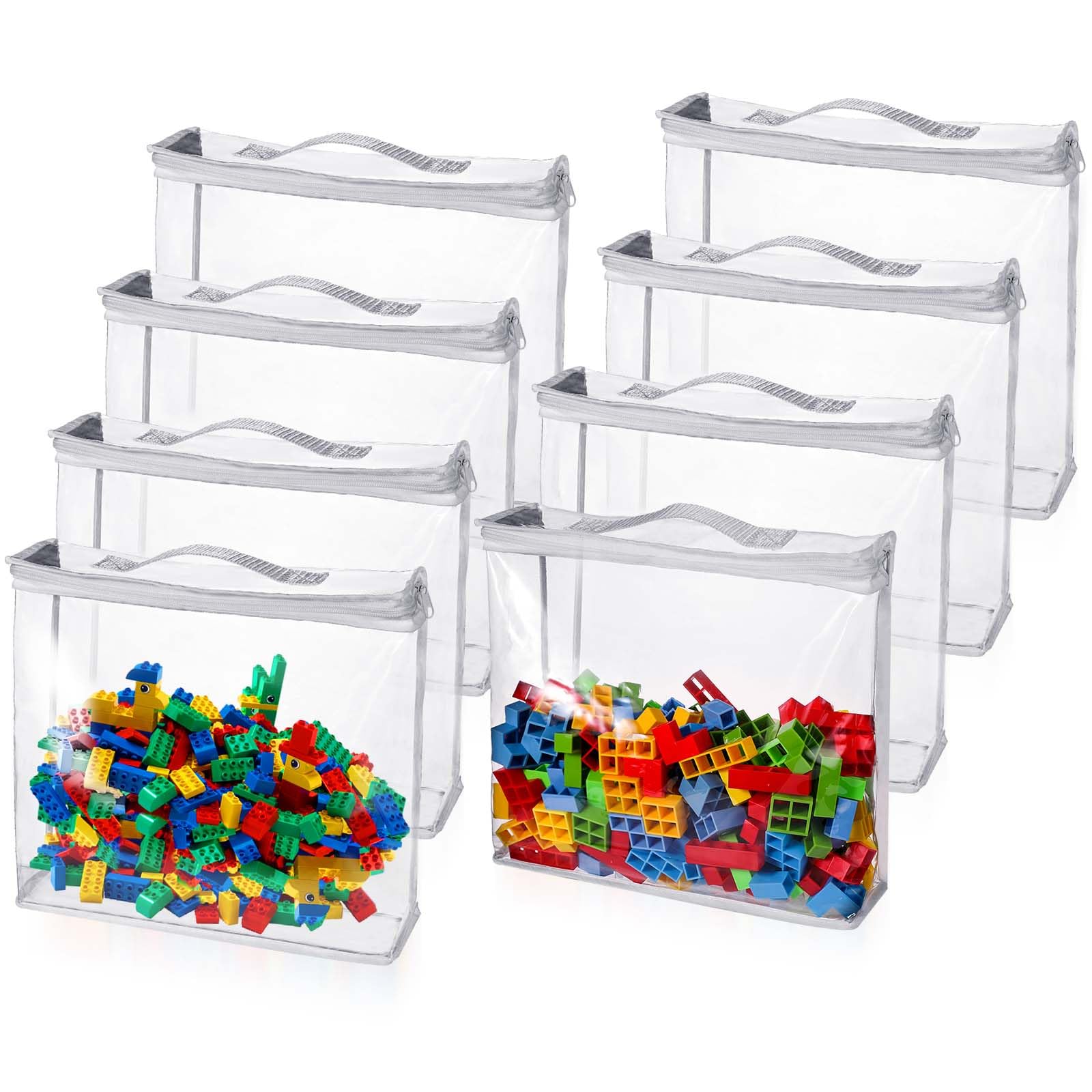 BOXOB 8pcs Toy Storage Bags with Zipper, 12.6x12.2x3.15 Inch Clear Storage Bags PVC Toy Organizing Bags Toy Bags for Building Blocks Puzzles Toys