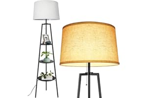 OUTON Tripod Floor Lamp with Shelves, Modern Shelf Floor Lamp with 3 Color Temperatures, Memory Function, Standing Tall Lamp with White Linen Texture Shade for Living Room, Bedroom, Office, Black
