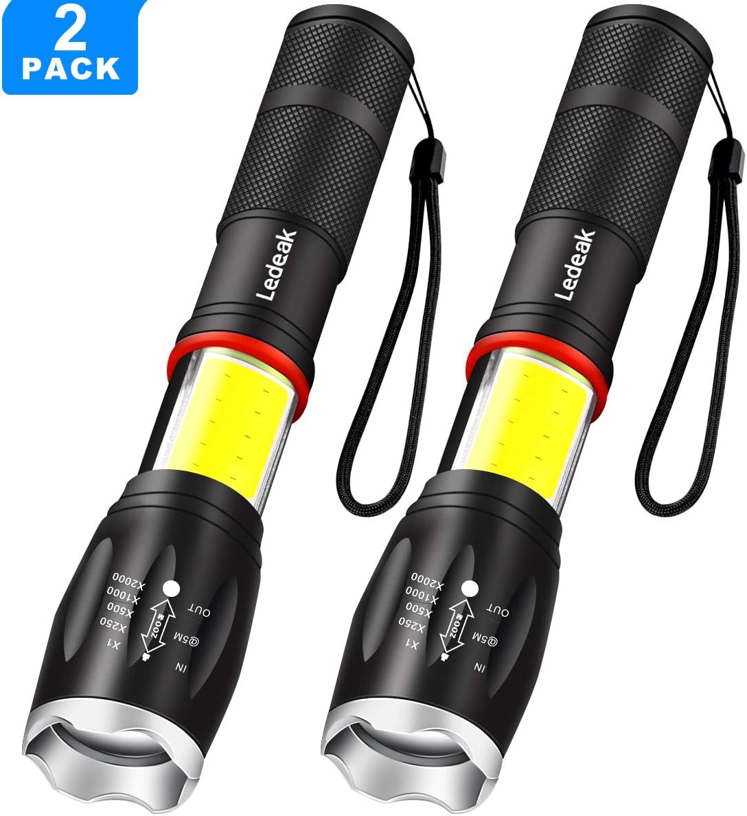 2 Pack Led Flashlight, Ledeak Tactical Flashlight Super Bright 1000 Lumen COB Work Light 2 in 1 with Magnetic Base, 6 Light Modes Handheld Portable Powerful for Camping Hiking Emergency