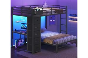 BTHFST Bunk Bed with Desk, Full Over Full Bunk Beds with 5 Storage Drawers & Charging Station, Full Size Bunk Bed with LED Lights & Safety Guardrail for Kids/Teens, Black