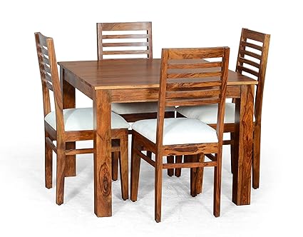 Strata Furniture Sheesham Wood 4 Seater Dining Table Set with 4 Chairs Teak Finish