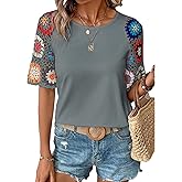 Chvity Crochet Shirts for Women Crewneck Shirt Floral Short Sleeve Casual Pullover Blouse Summer Tops