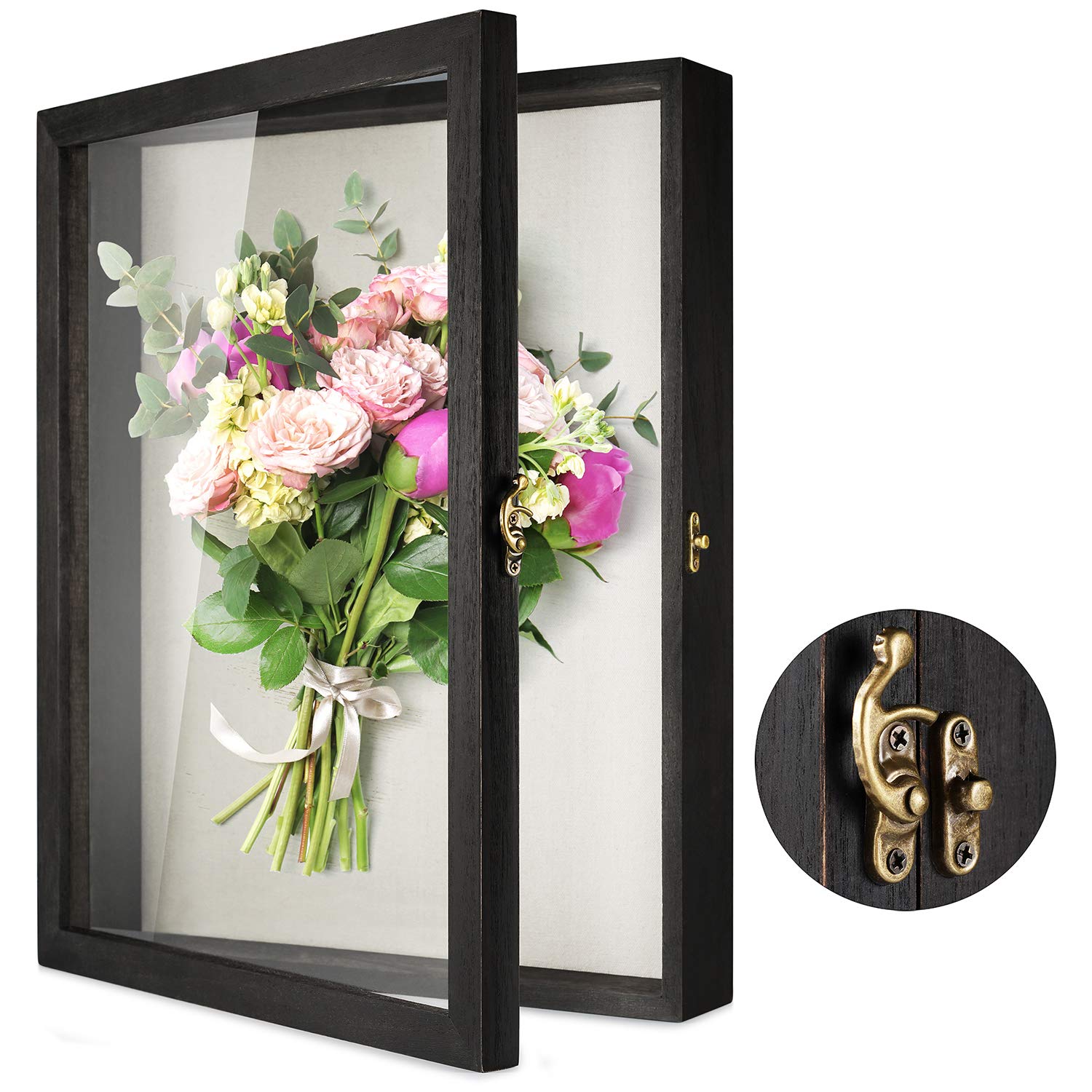 TJ.MOREE Flowers Shadow Box Display Case 13” x 16” Large Shadow Box Frame with Glass Window Door Picture Frame Wedding Bouquet Memorabilia Medals Photos Memory Box for Keepsakes - Rustic Black