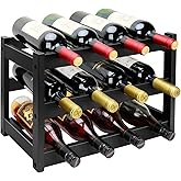 Thalomely Bamboo Wine Rack, 3-Tier 12 Bottles Wine Storage Cabinet Shelf, Easy-Assembly Freestanding Bamboo Wine Racks Countertop for Kitchen Pantry Dining Room Bar, Black