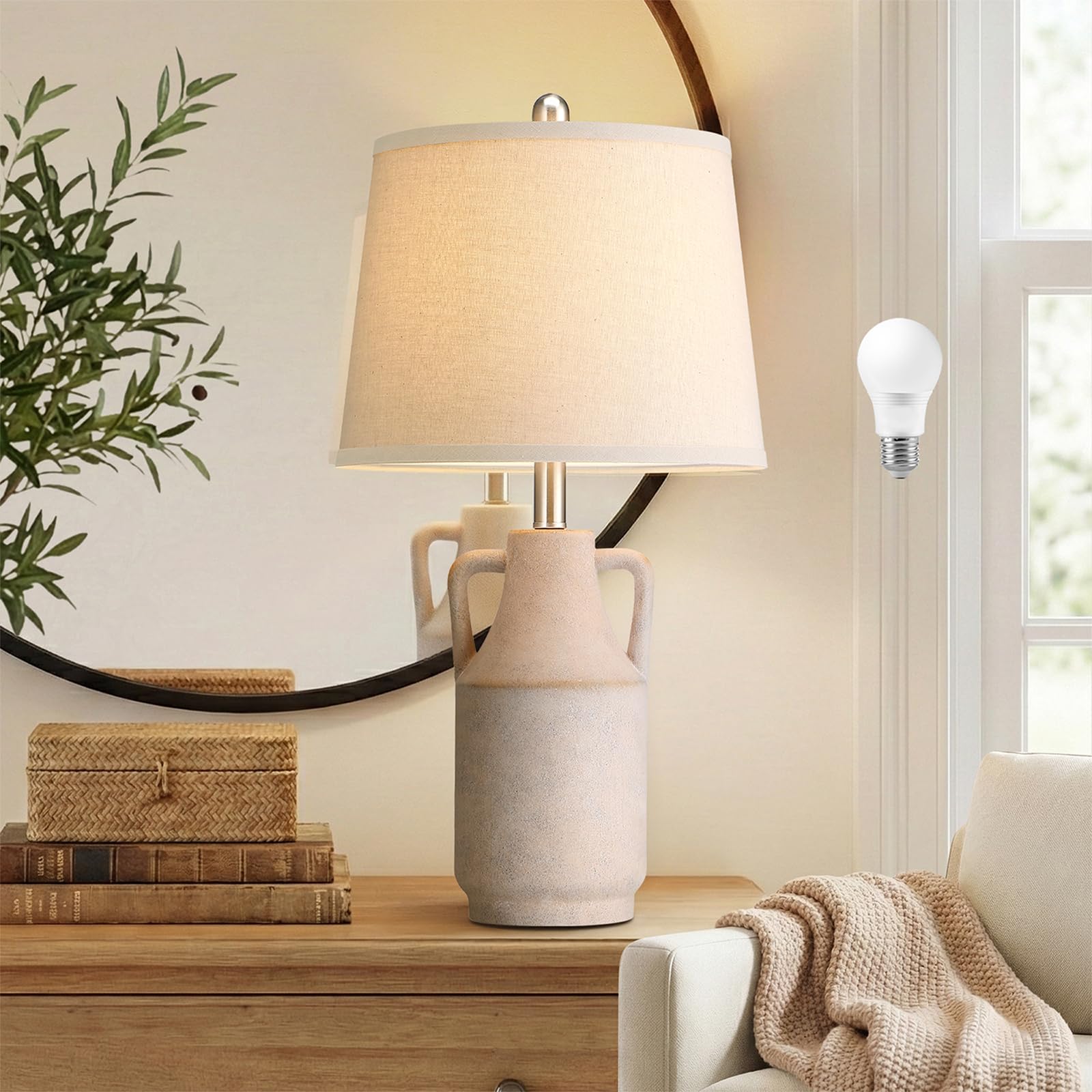 Photo 1 of 26" Vintage Ceramic Table Lamp for Home Decor, Farmhouse Retro Antique White Lamp with Handles for Living Room, Rustic Pottery Bedside Nightstand Lamp for Bedroom, End Table, Entryway (Bulb included)