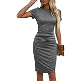 Nicetage Women's Short Sleeve Ruched Casual Sundress Wedding Guest Midi Ruched Bodycon T Shirt Dress Ribbed Knit