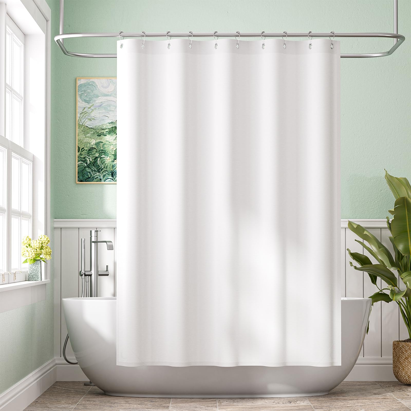 Photo 1 of Amazer Small Stall Shower Curtain Liner Washable, 60 x 72 Inches, Fabric Shower Liner with 2 Bottom Stones, Narrow Waterproof RV Shower Curtain Liner, 10 Grommet Holes, Hotel Quality, White