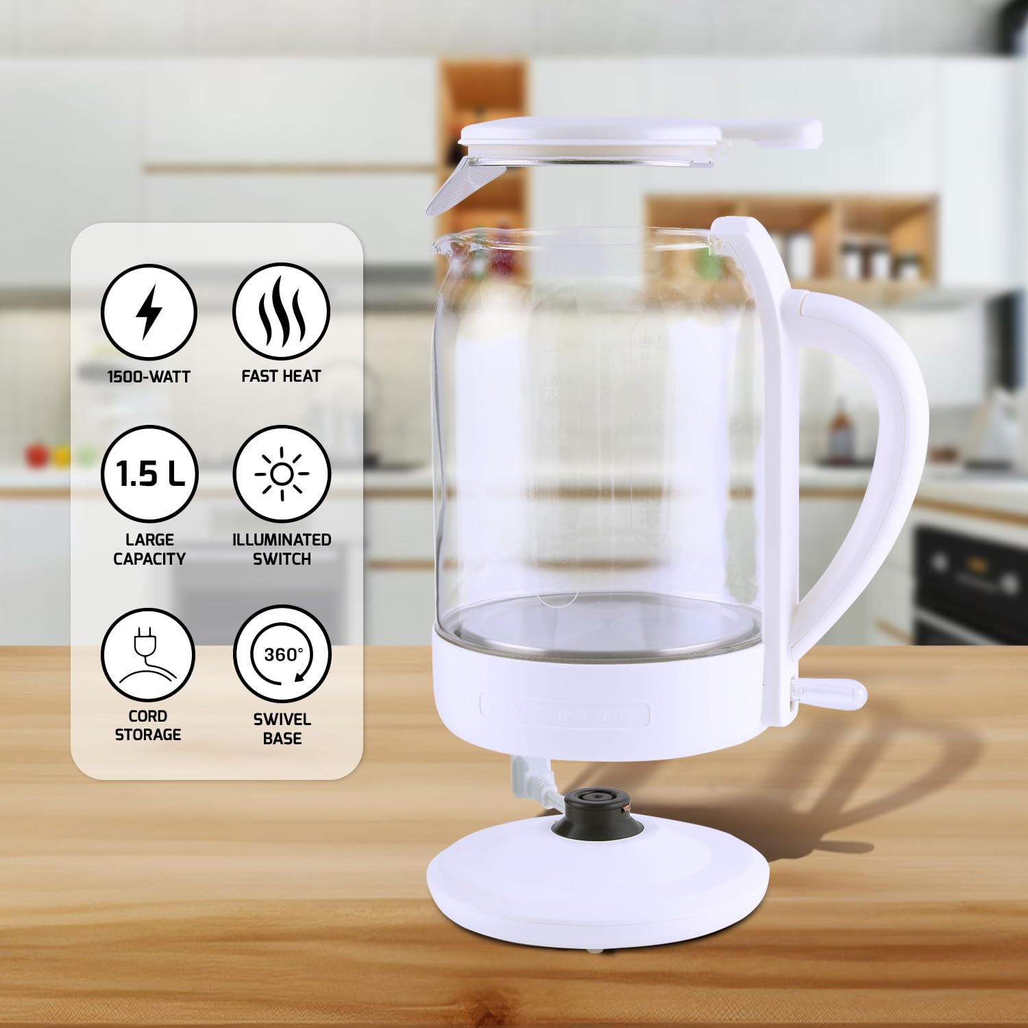 OVENTE Electric Kettle with 1.5L Borosilicate Glass, 1500W Fast Boiling Water Heater for Coffee or Tea, Easy to Fill Lid, Auto Shut-Off, Boil-Dry Protection & Stainless Steel Filter, White KG516W