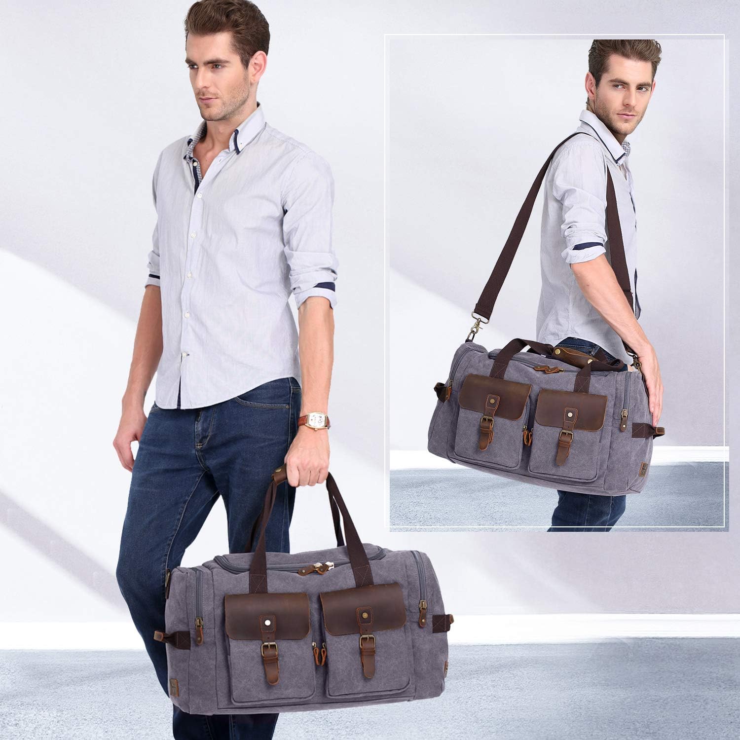  | WOWBOX Duffle Bag Weekender Duffel Bag for Men and Women Genuine Leather Canvas Travel Overnight Carry on Bag with Shoes Compartment Grey | Travel Duffels