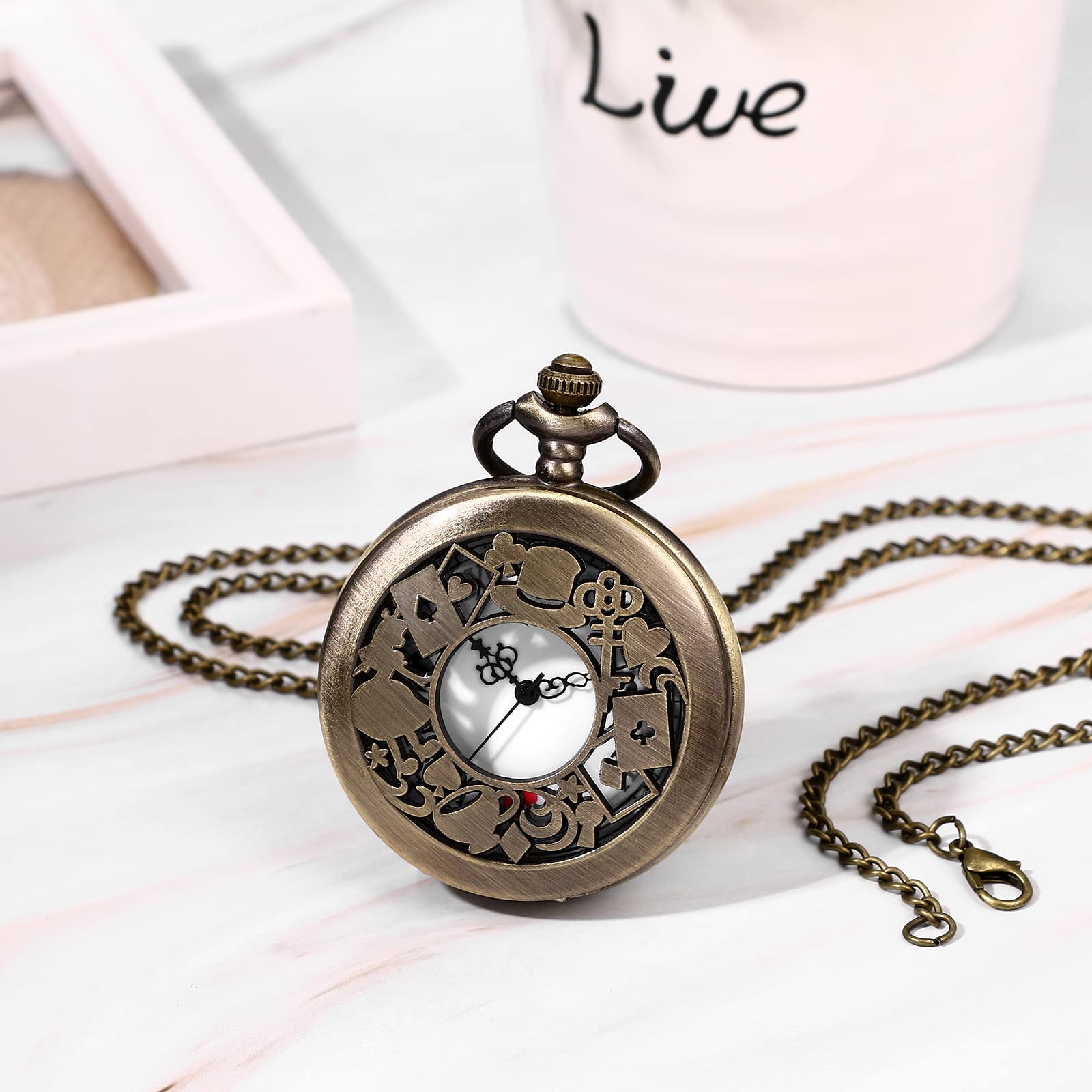 JewelryWe Taschenuhr Herren Retro Alice im Wunderland Skelett Kettenuhr mit Römischen Ziffern Vintage Analog Quarz Uhr Anhänger mit Halskette Kette für Damen Männer Bronze 4