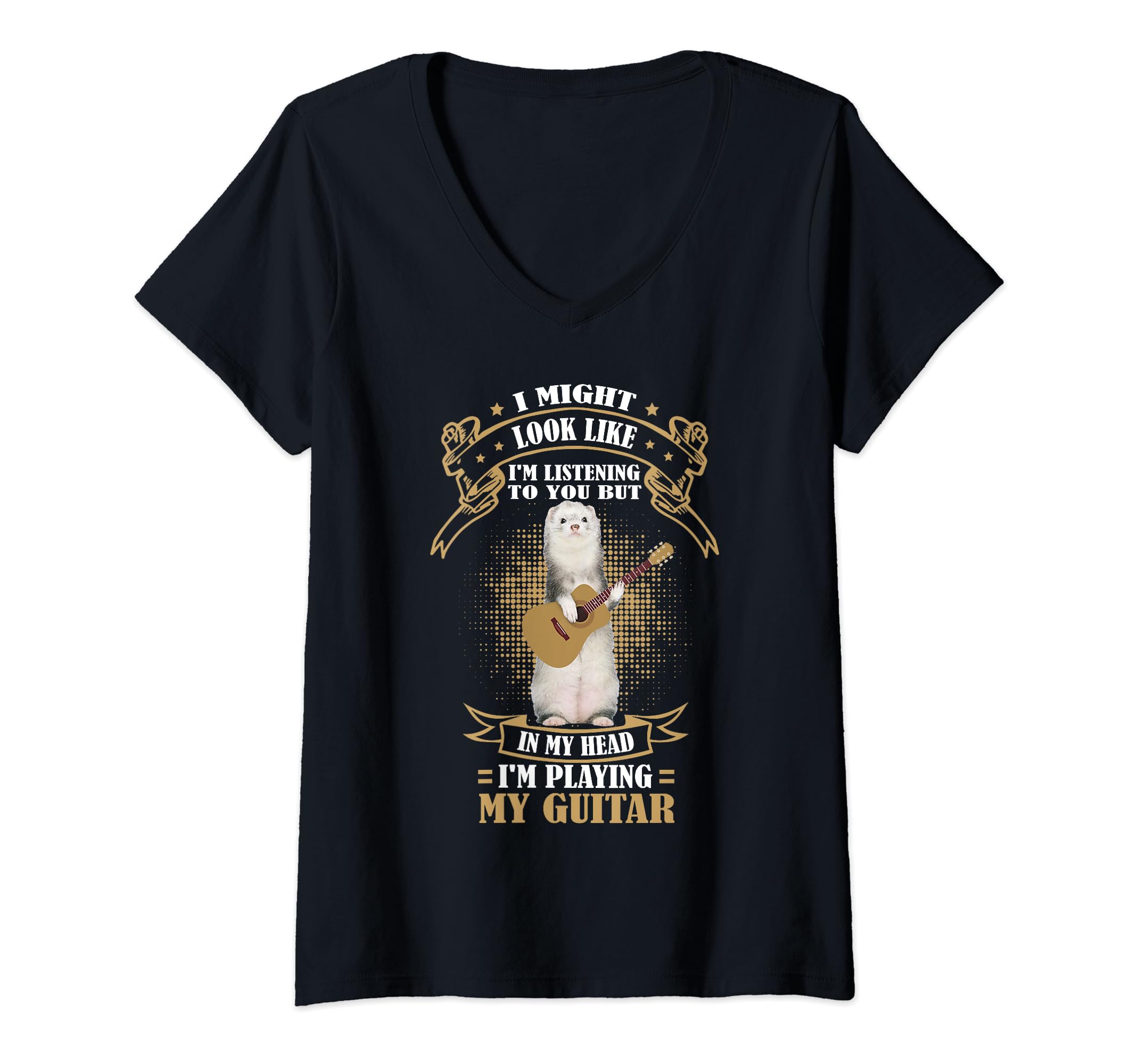 Womens Ferret Playing Acoustic Guitar Musical Fans Band Animal V-Neck T-Shirt