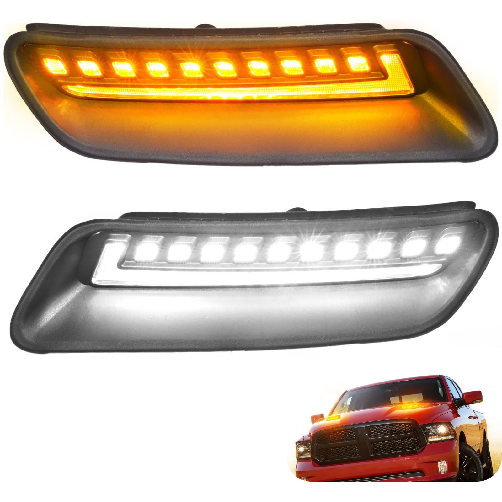 Photo 1 of Upgraded LED Hood Vent Lights for 2010-2018 Dodge Ram 1500 & 2019-2022 Ram 1500 Classic Sport Hood Scoop Lamps Dual Function White w/Startup Animation & Amber Sequential Turn Signal (Sport Style)