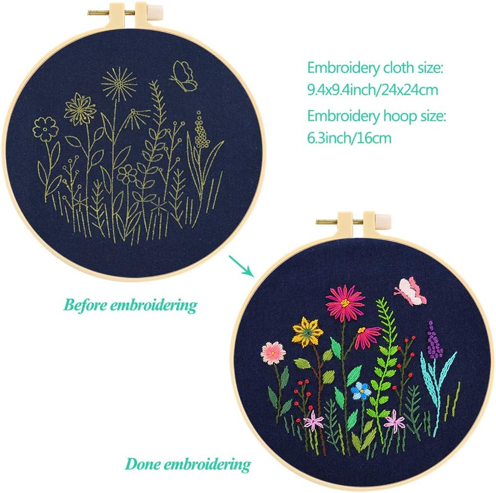 Caydo 3 Sets Embroidery Starter Kit with Floral Pattern, Cross Stitch ...