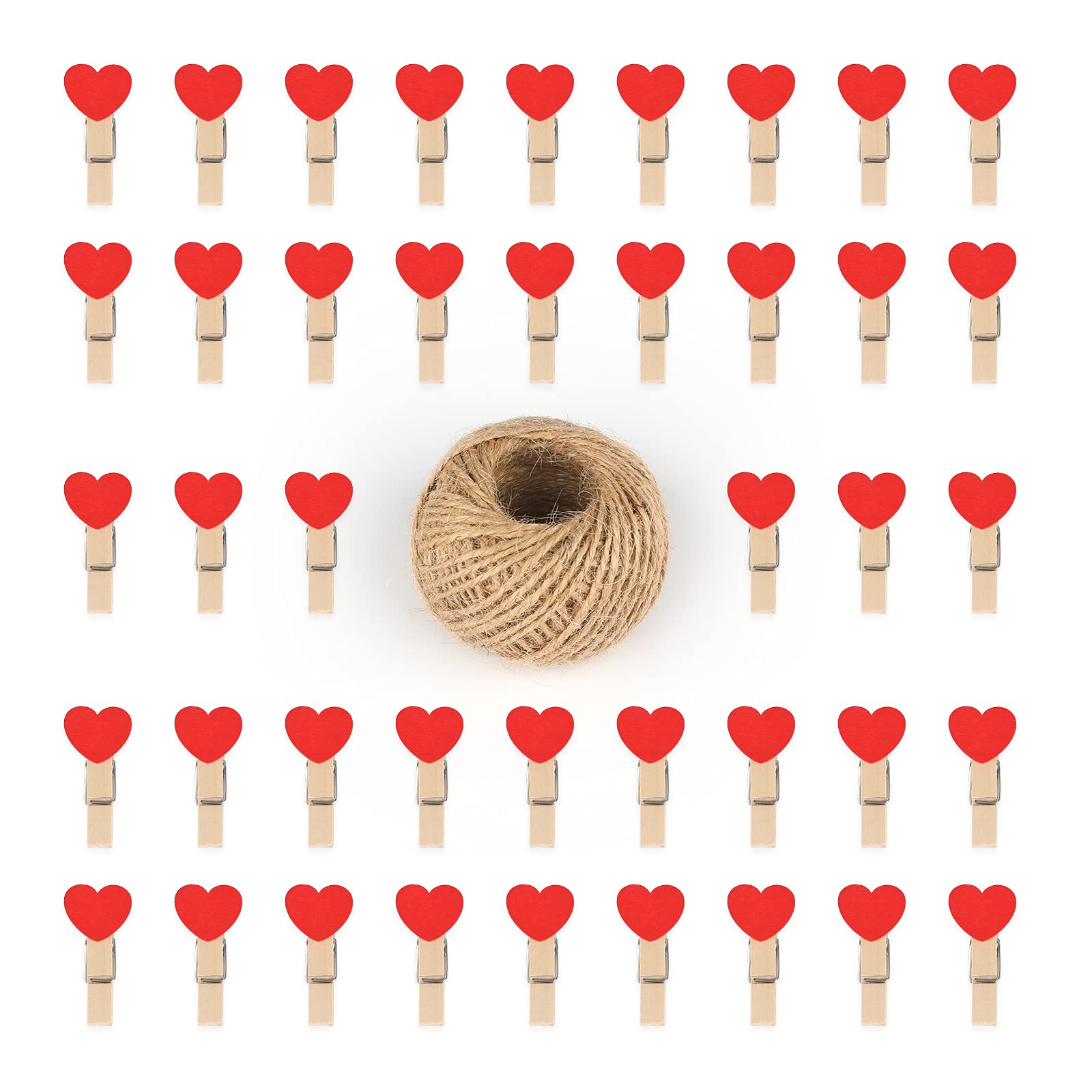 G2PLUS 100 Red Wooden Photo Display Clips - 3.5cm Mini Wooden Heart Pegs with 30 M Jute String for Arts and Crafts, Weddings & Events
