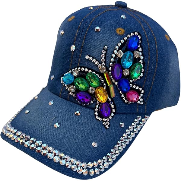 Inzegao Women's Sparkly Rhinestone Denim Baseball Cap | Adjustable Ponytail Hole Hat, Distressed Jean