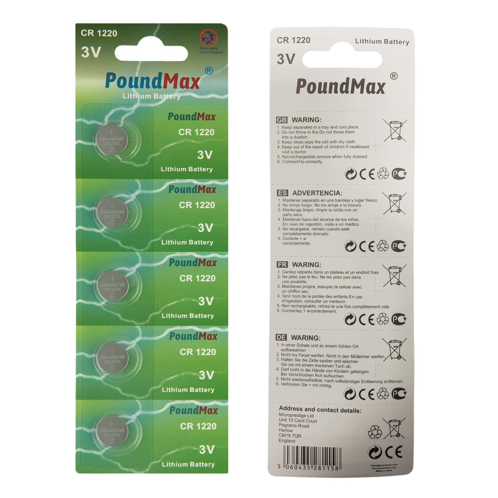 PoundMax CR 1220 Batteries 3v Lithium Button Cell Battery Combo Pack - 5 Count