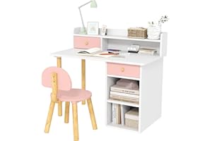 Qaba Kids Desk and Chair Set, 2 Pieces Kids Study Table and Chair Set for 3-8 Year Old, Writing Table for Bedroom, Study Room
