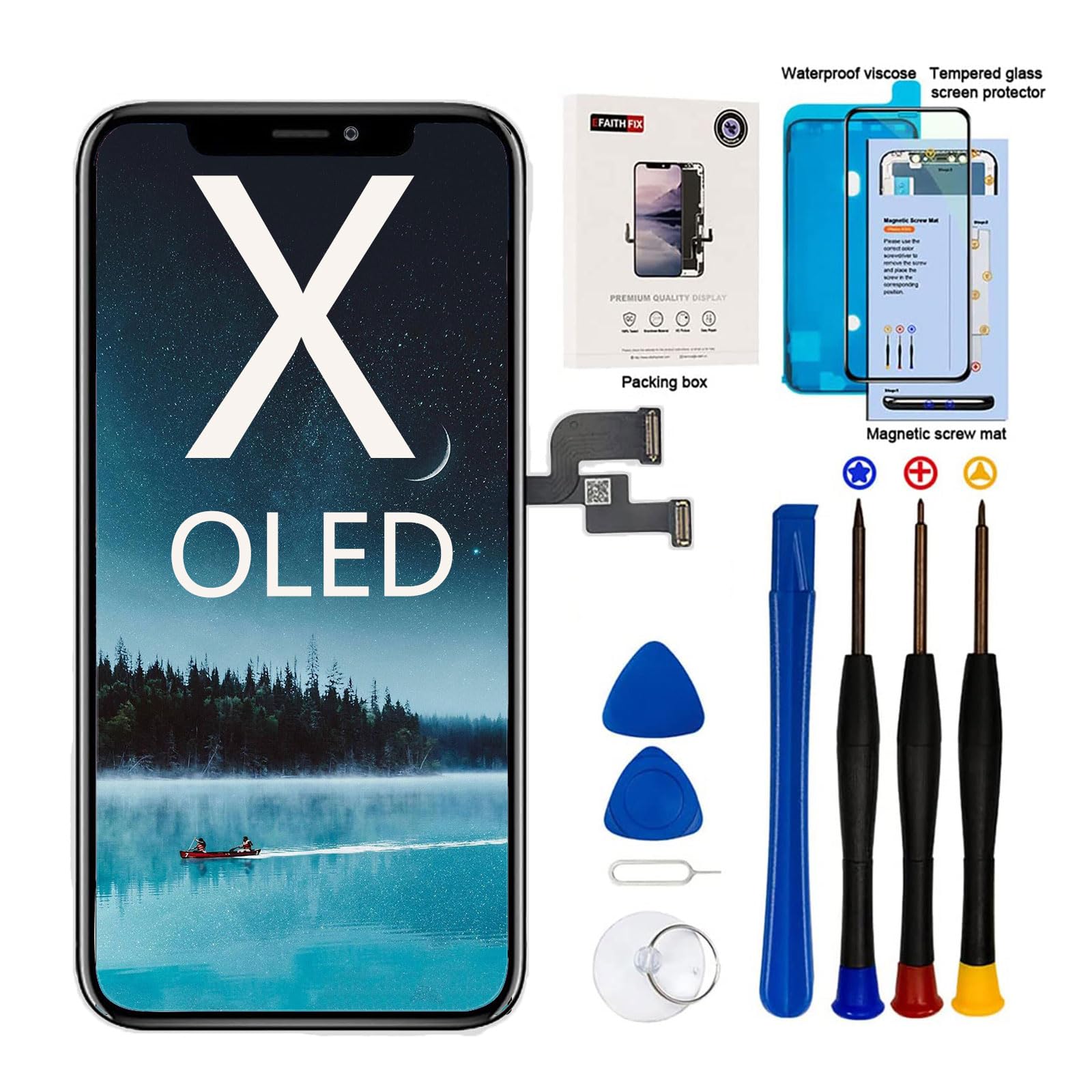 EFAITH for iPhone X Screen Replacement OLED 5.8" Display Screen Digitizer Full Assembly with 3D Touch+Tool Kit+Screen Protector+Waterproof Seal+Screen Compatible Model A1865, A1901, A1902 (OLED)