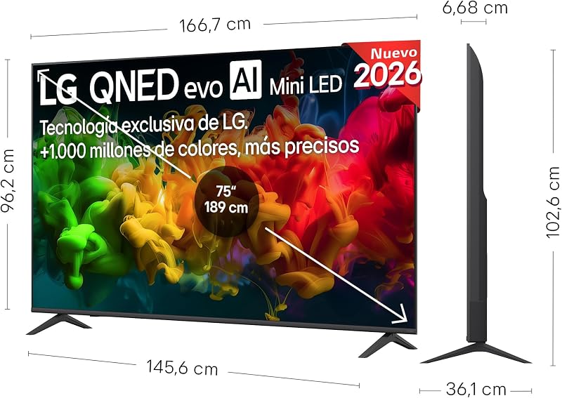 75QNED80B6A - TV de 75", 4K QNED EVO MiniLED, Smart TV, 94% sem reflexo, WebOS 26, processador α7 AI Gen9, 4K Super Upscaling, HDR10 e Dolby Digital Plus, Alexa/Google Assistant, preto