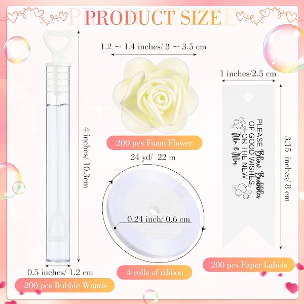 PULLCREASE 200 SET VALENTINE’S DAY WEDDING BUBBLE WANDS BULK SET INCLUDE MINI HEART BUBBLE WAND WITH REFILL FLOWER RIBBON AND TAGS FOR WEDDING SEND OFF GUESTS ANNIVERSARIES PARTY FAVOR(CREAM WHITE)