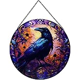 Payutou Crow Suncatcher Stained Glass,Halloween Hanging Stained Glass for Windows for Bird Lovers,20cm/7.87inch Hand-Painted Sun Catcher Garden Hangings Thanksgiving Fall Christmas Festival Gift