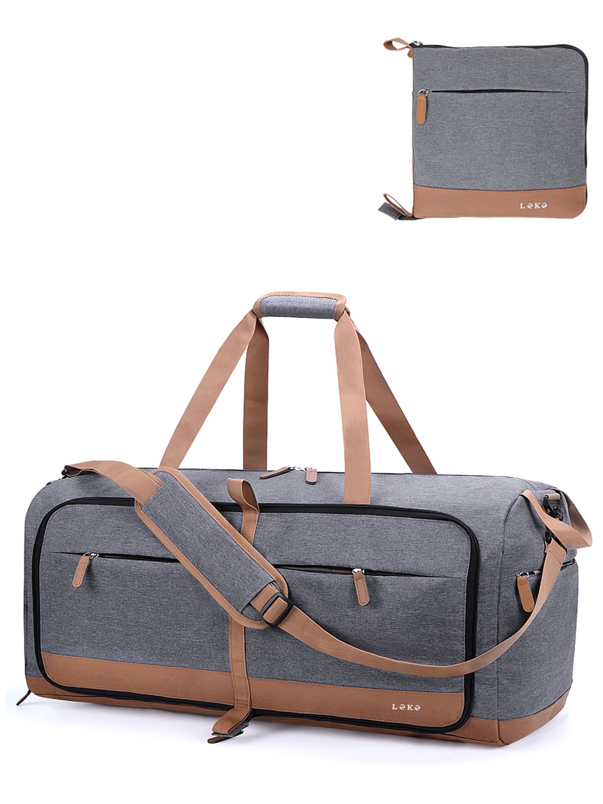 Lekesky Large Foldable Travel Duffe Bag - 60L Waterproof Holdall Luggage Bag with Shoes Compartment, Weekend Overnight Sports Bag for Women and Men(Grey, 63 * 30 * 28cm) โ image 1