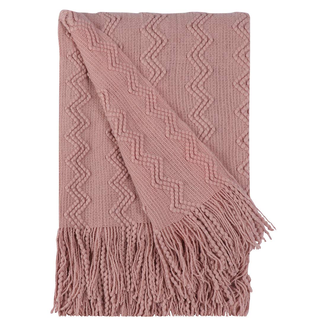 PiccoCasa 100% Acrylic Knit Throw Blanket Soft Lightweight Wave Pattern Decorative Knitted Blanket with Tassels Fringe for Home Couch, Bed, Sofa, Travel, 50x60 Inch, Pink