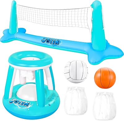 JOYIN Inflatable Volleyball Court & Basketball Hoop Pool Float Set Blue