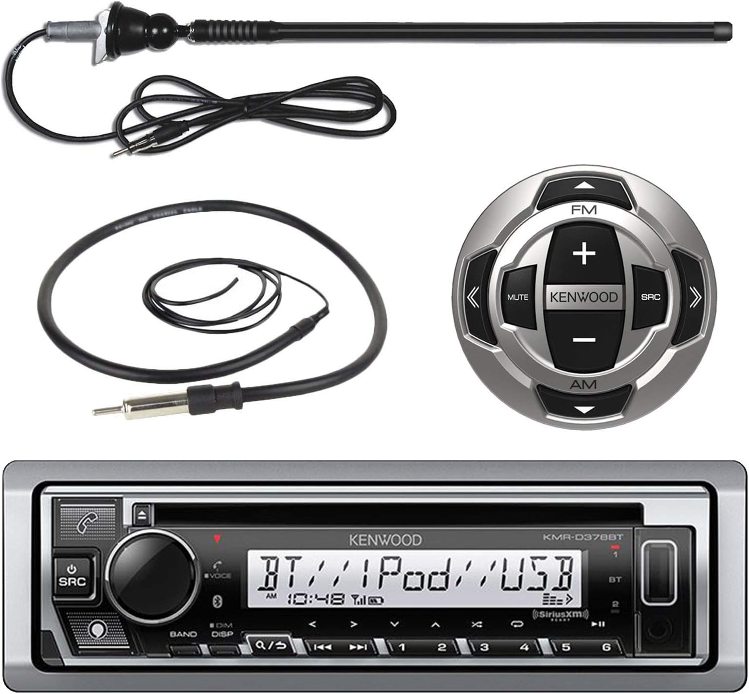 Kenwood MP3/USB/AUX Marine Boat Yacht Stereo Receiver CD Player Bundle Combo w/KCARC35MR Wired Remote Control, Enrock Water Resistant 22 Radio Antenna, Outdoor Rubber Mast 45 Antenna