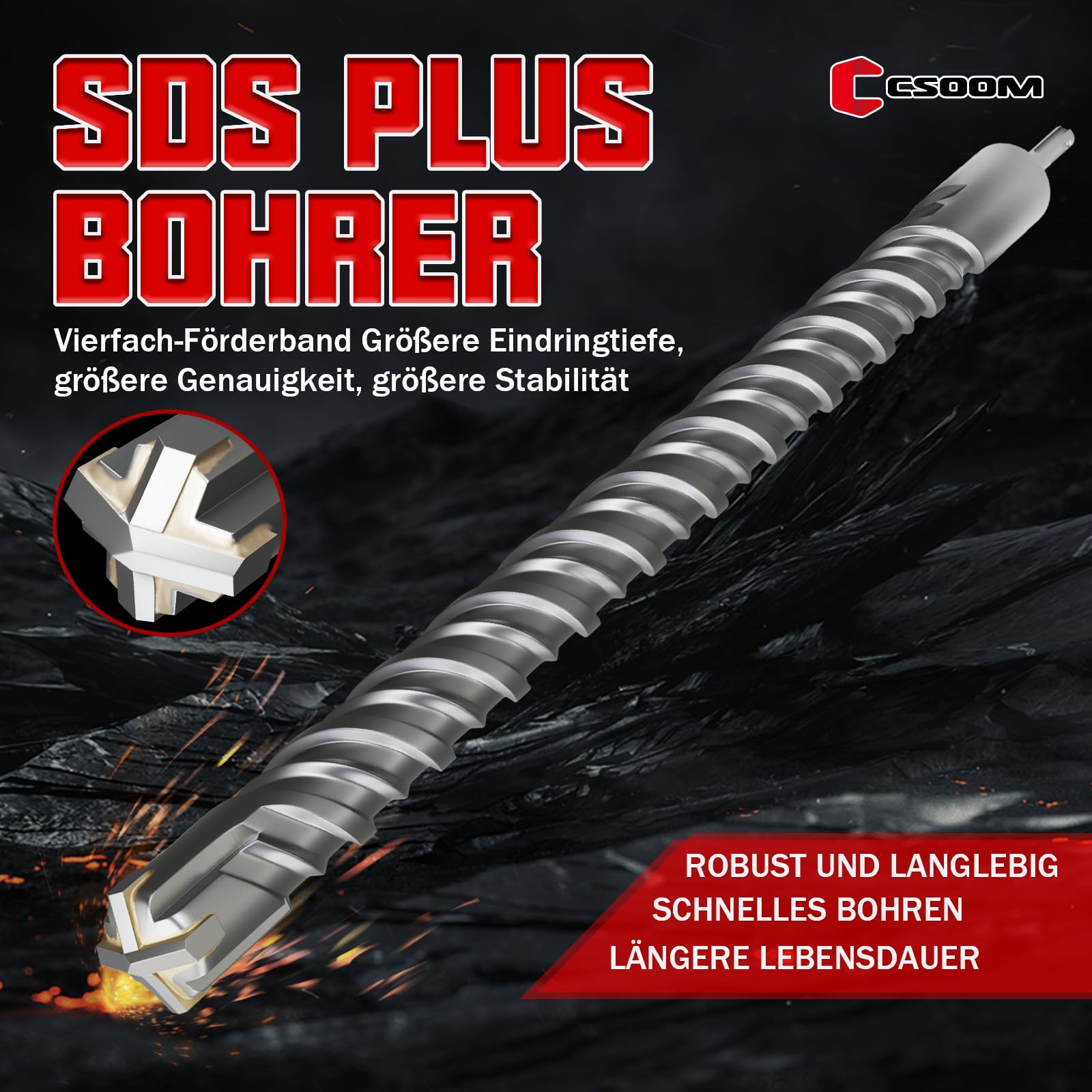 CSOOM SDS Plus Bohrer 40x600mm，Professionell Betonbohrer，Ideal zum Bohren in Stein, Beton, Naturstein, Ziegelmauer 3