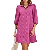 Wenrine Womens 3/4 Sleeve Mini Dress Casual V Neck Collared Textured Loose Fall A Line Argyle Dresses with Pockets