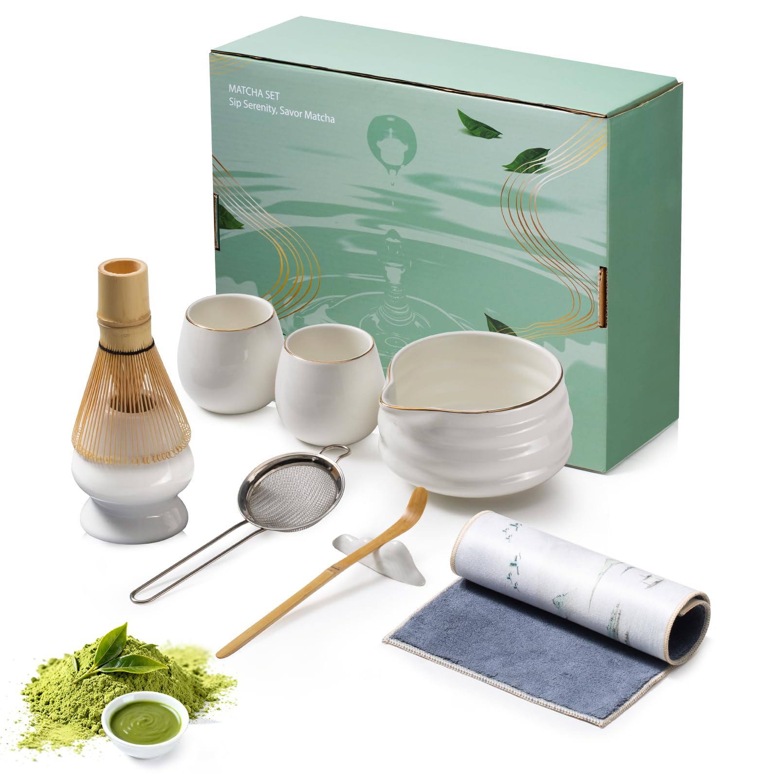 Matcha set - 9 Stück Japanisches Tee-set Inkl Chawan mit Ausgießer, 2 tazze, Schaufel, Halter, Sieb, Matchabesen das perfekte Geschenk für Japanische Teezeremonie-Liebhaber