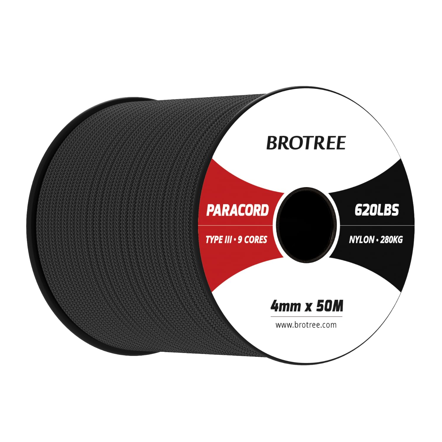 Brotree Paracord 4mm 50M 9 Strands 100% Nylon Rope Type 3 Parachute Cord for Outdoor, Bracelet, DIY - 280kg Breaking Load (Black)