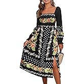 CUPSHE Womens Fall Dresses Floral Square Neck Long Puff Sleeve Flowy Casual A Line Midi Dress