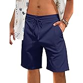 Runcati Mens Casual Cotton Linen Shorts Elastic Waist Drawstring Summer Beach Flat Front Shorts with Pockets