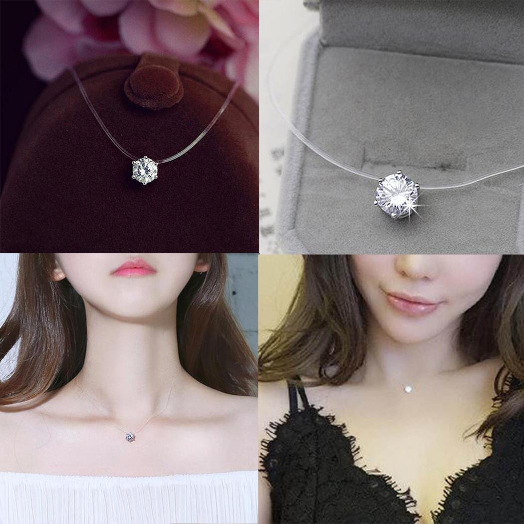 Qenci Women New Fashion Rhinestones Necklace Invisible Transparent Fishing Line Chain Zircon Pendant for Gift